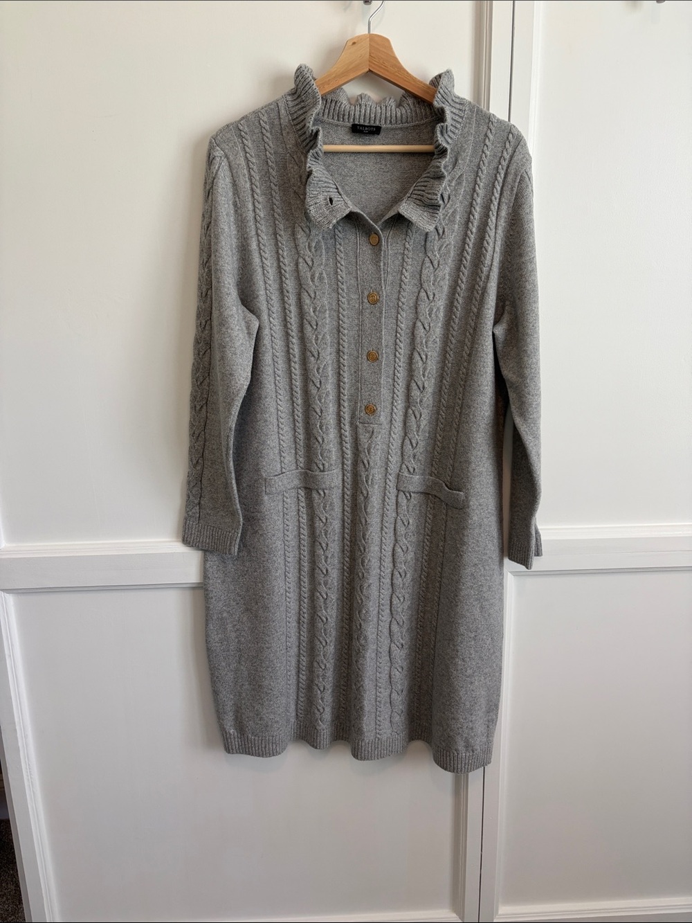 Talbots Light Gray Cable-Knit Ruffle-Collar button front Sweater Dress 1X